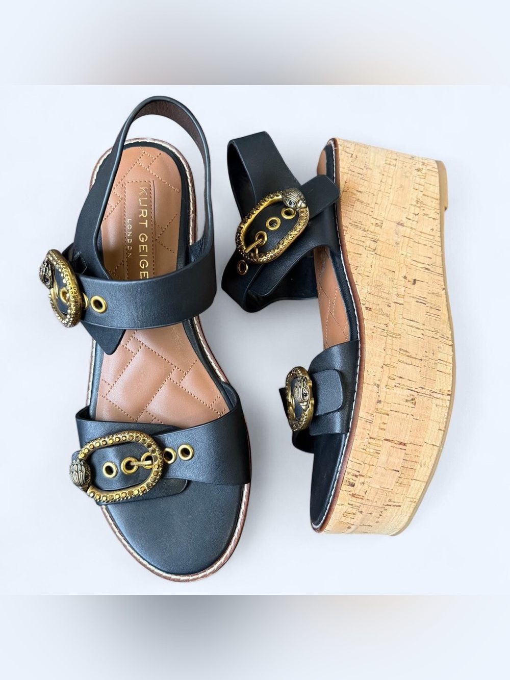 NEW Kurt Geiger Mayfair Wedge Chunky Platform Black Sandals Gold EUR 42 / US 11